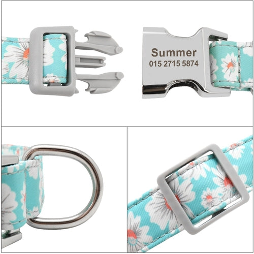 Custom Dog Collar Nylon Floral Engraved Pet Puppy