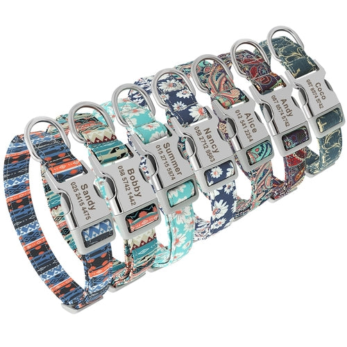 Custom Dog Collar Nylon Floral Engraved Pet Puppy