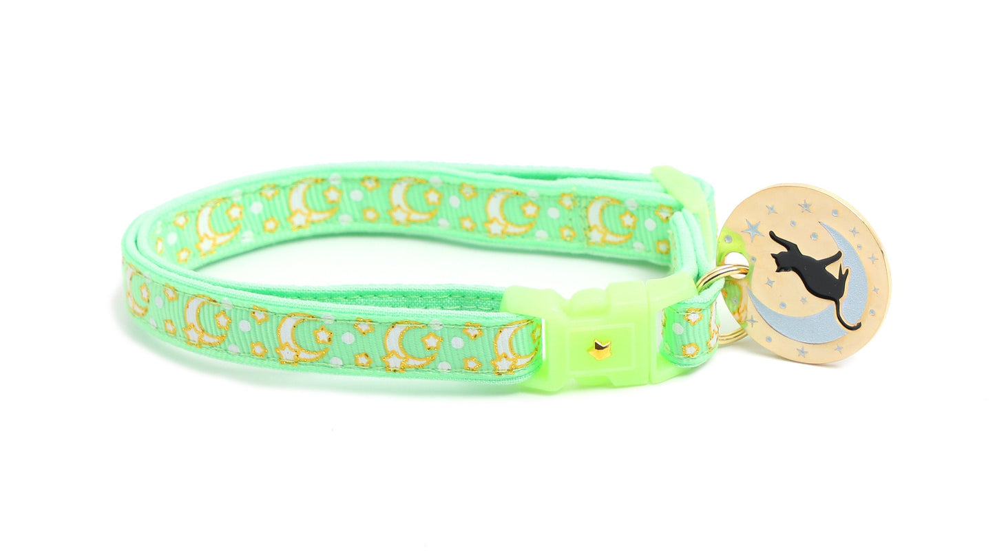 Gold Moons and Stars on Mint Green Cat Collar