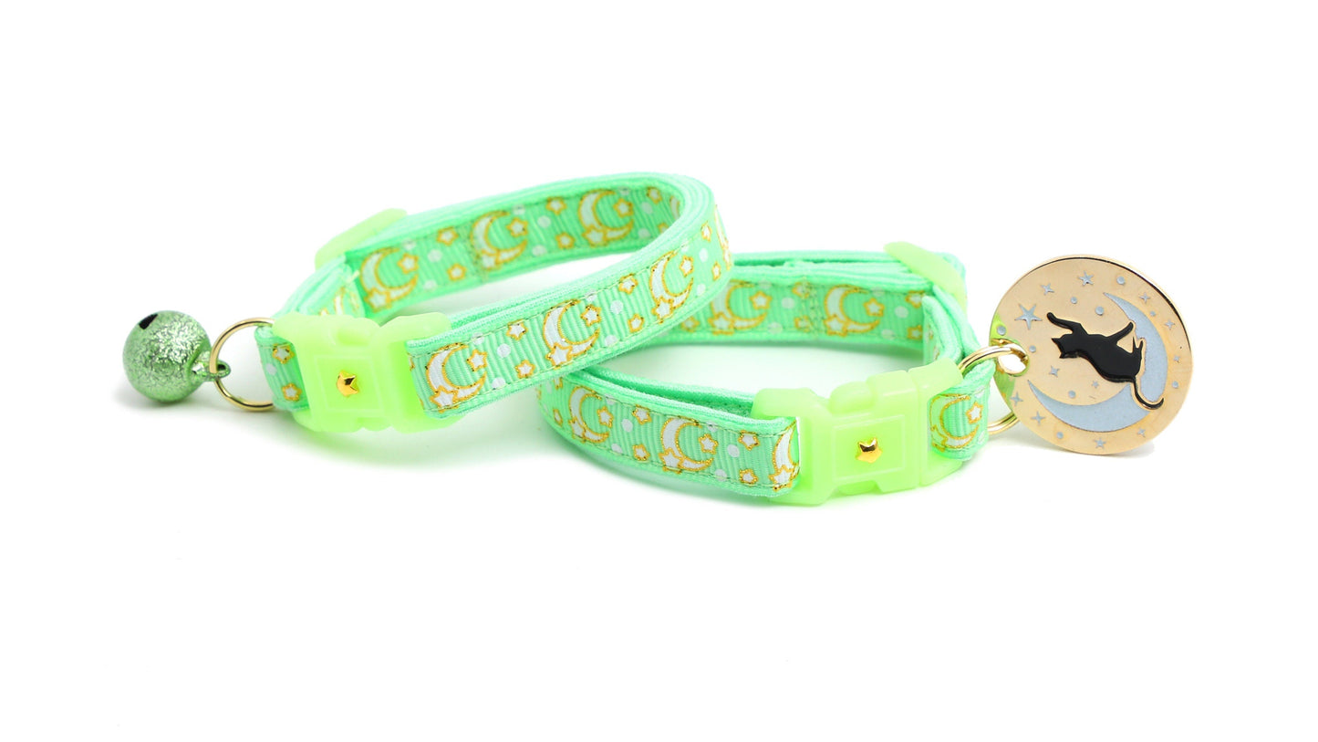 Gold Moons and Stars on Mint Green Cat Collar