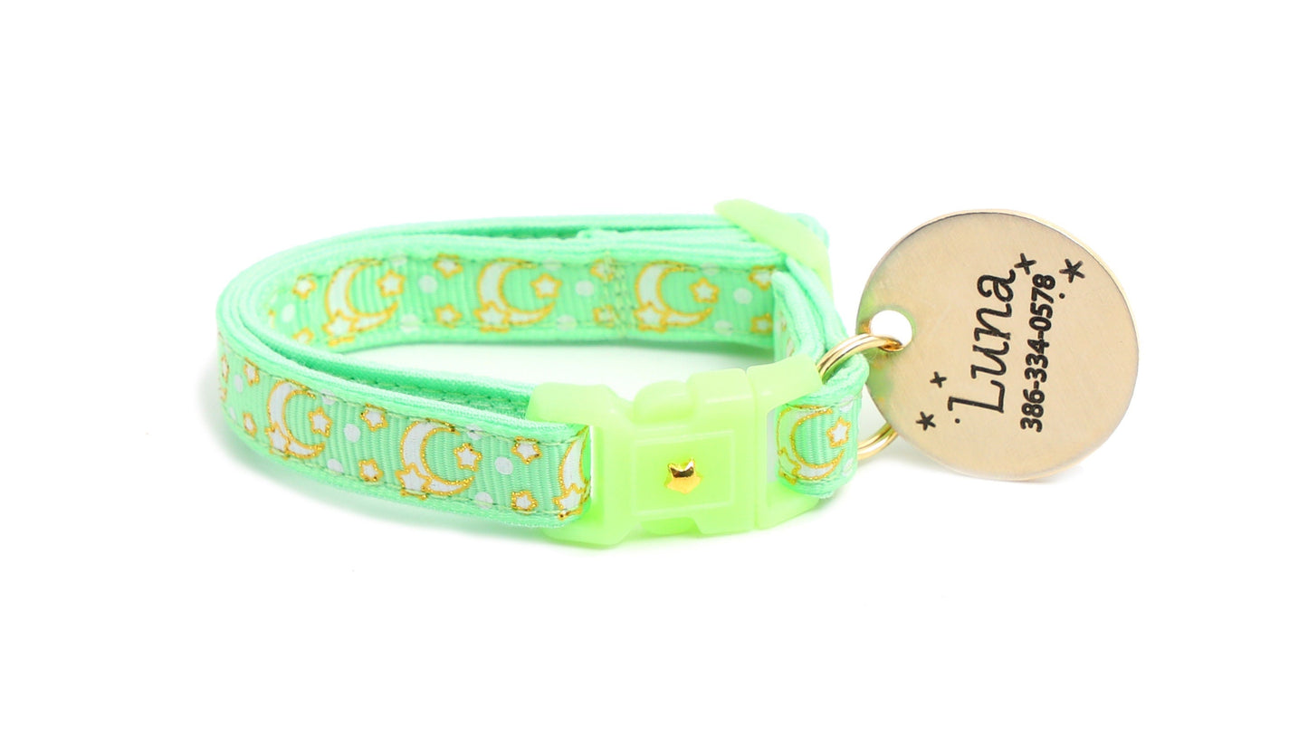 Gold Moons and Stars on Mint Green Cat Collar