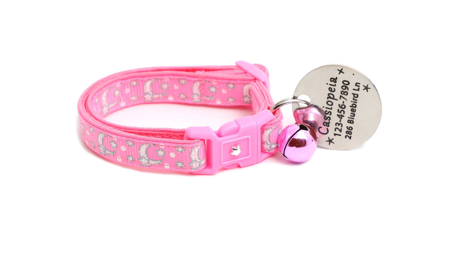 Silver Moons and Stars on Peony Pink Cat Collar