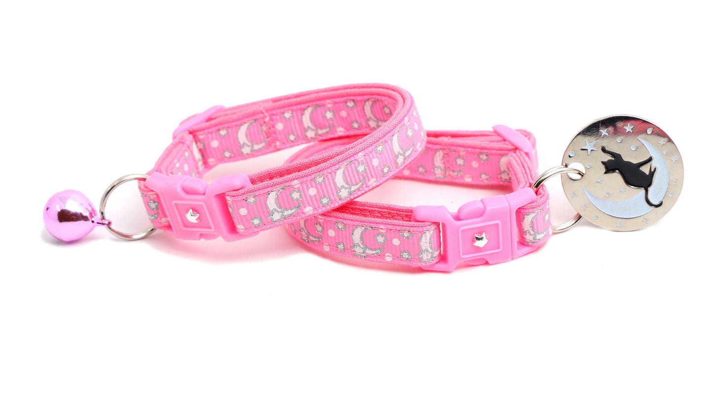 Silver Moons and Stars on Peony Pink Cat Collar