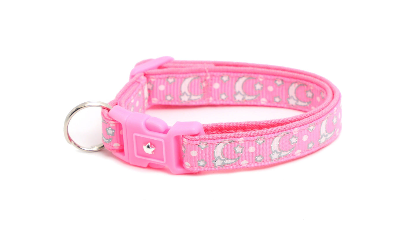 Silver Moons and Stars on Peony Pink Cat Collar