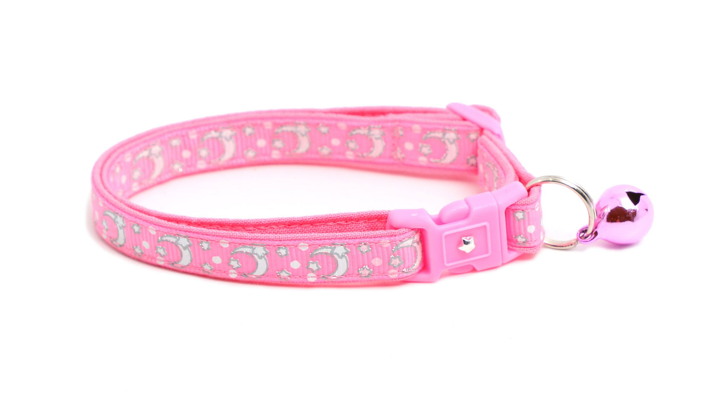 Silver Moons and Stars on Peony Pink Cat Collar