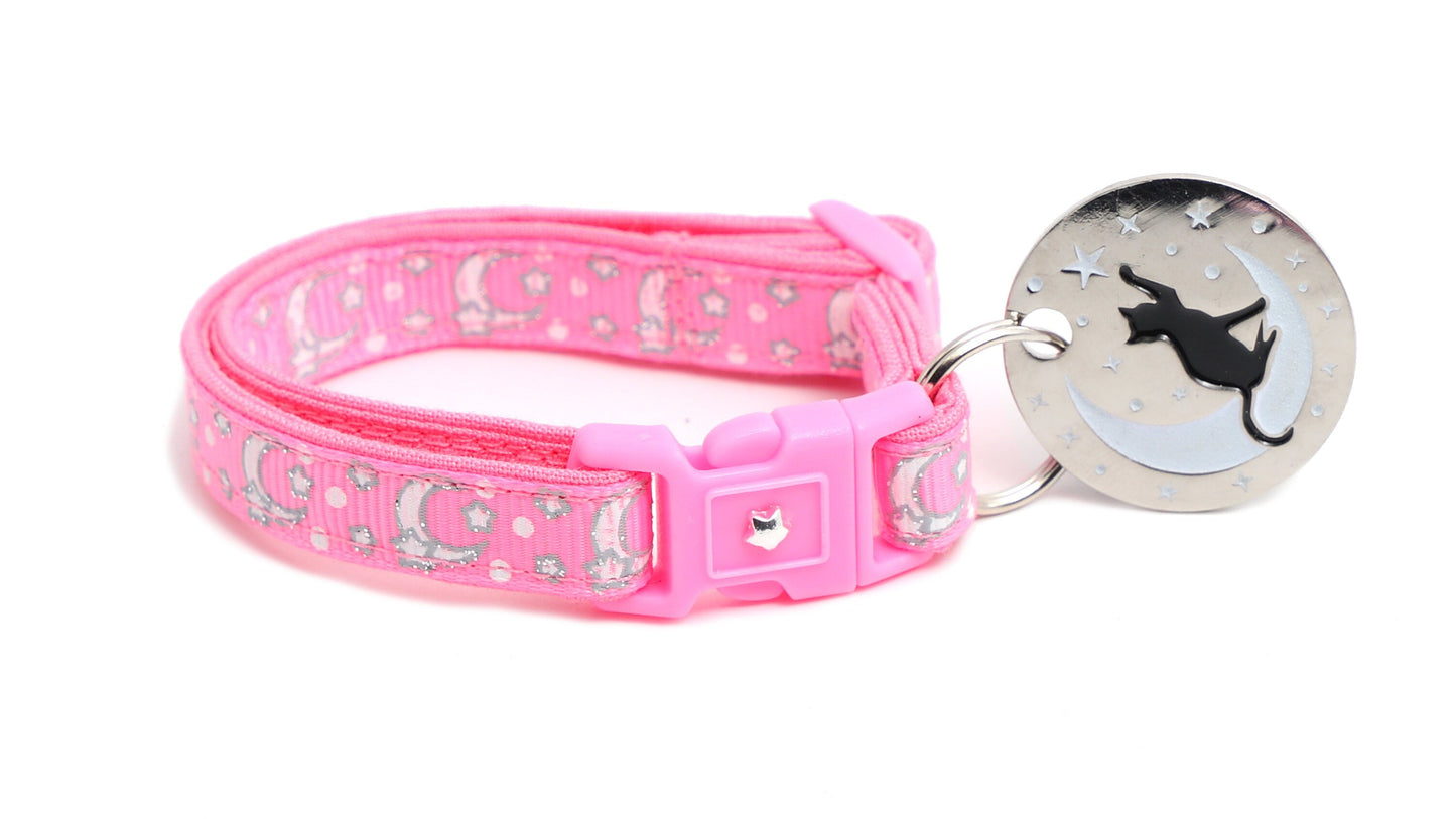 Silver Moons and Stars on Peony Pink Cat Collar