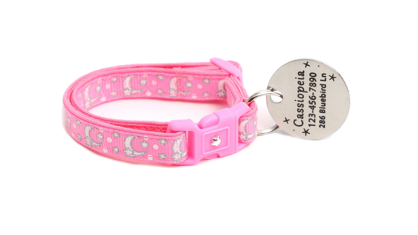 Silver Moons and Stars on Peony Pink Cat Collar