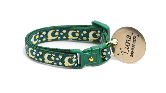 Gold Moons and Stars on Dark Green Cat Collar