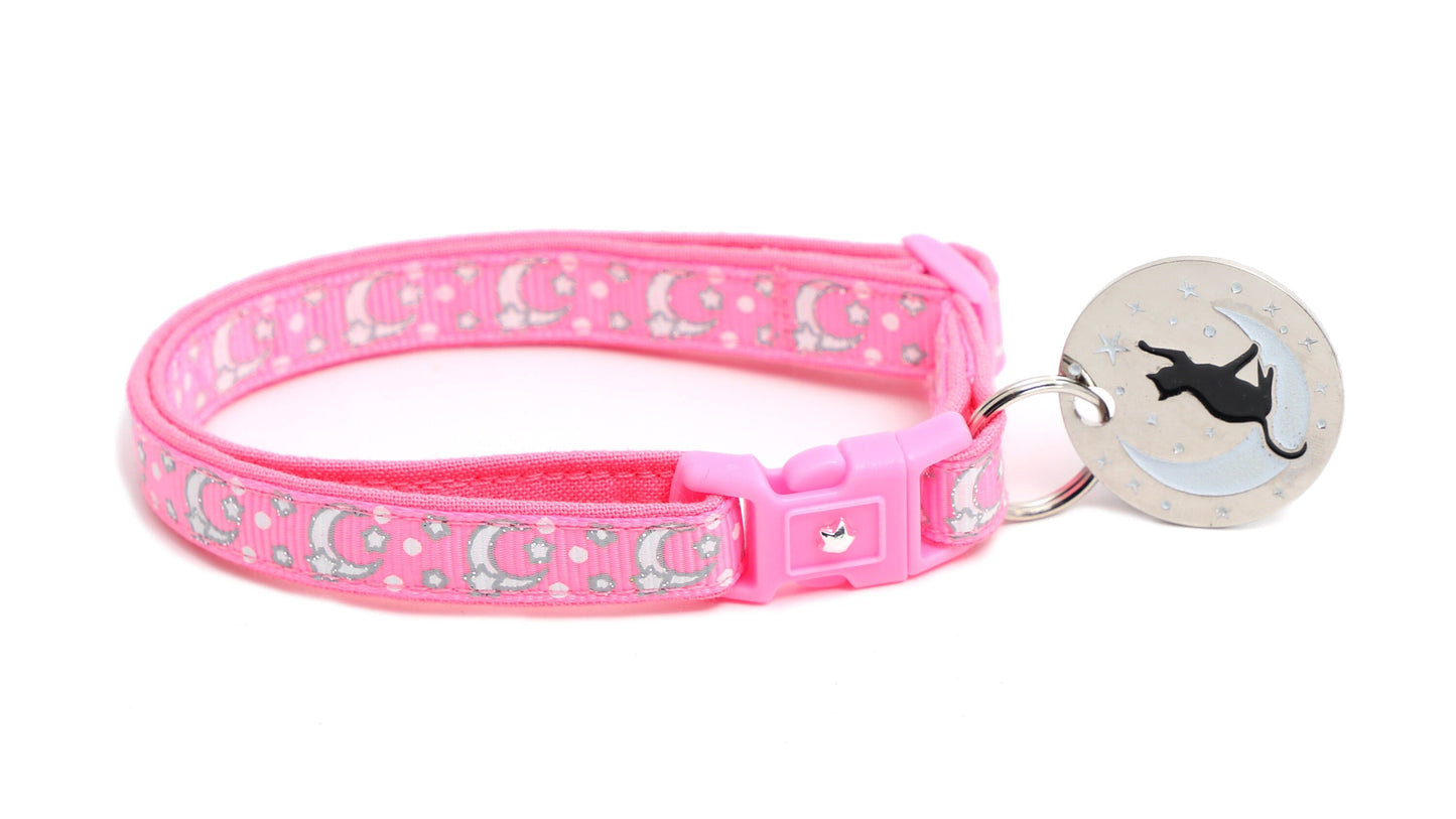 Silver Moons and Stars on Peony Pink Cat Collar