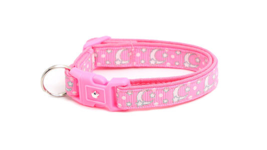 Silver Moons and Stars on Peony Pink Cat Collar