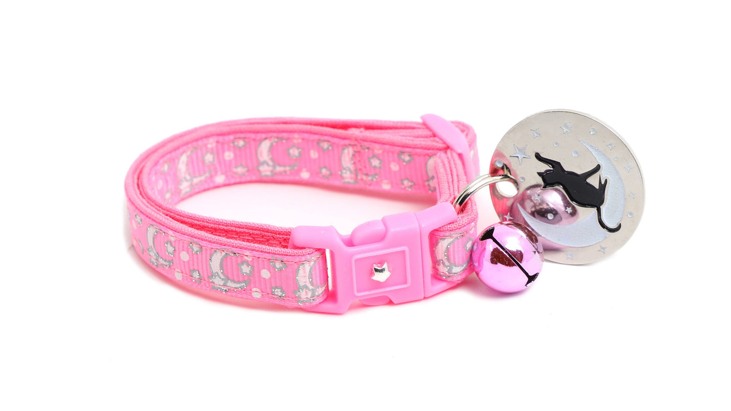 Silver Moons and Stars on Peony Pink Cat Collar